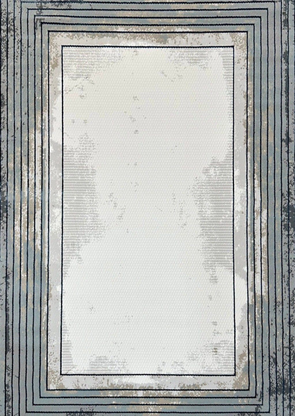 Crème High-Low Rug with Metallic Deep Blue Geometric Squares & Teal, Charcoal, Silver & Mocha Accents - METZ 4205.