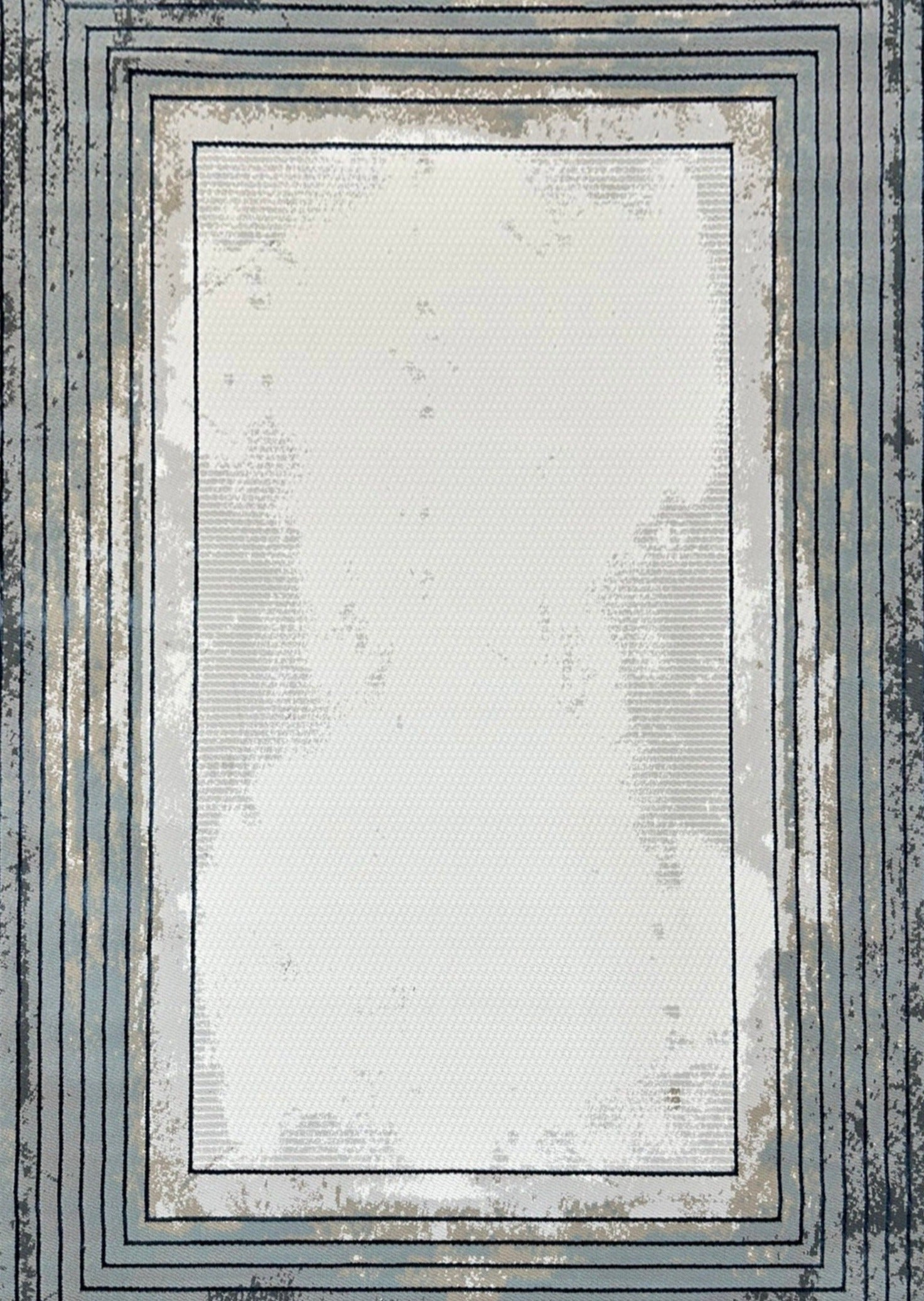 Crème High-Low Rug with Metallic Deep Blue Geometric Squares & Teal, Charcoal, Silver & Mocha Accents - METZ 4205.