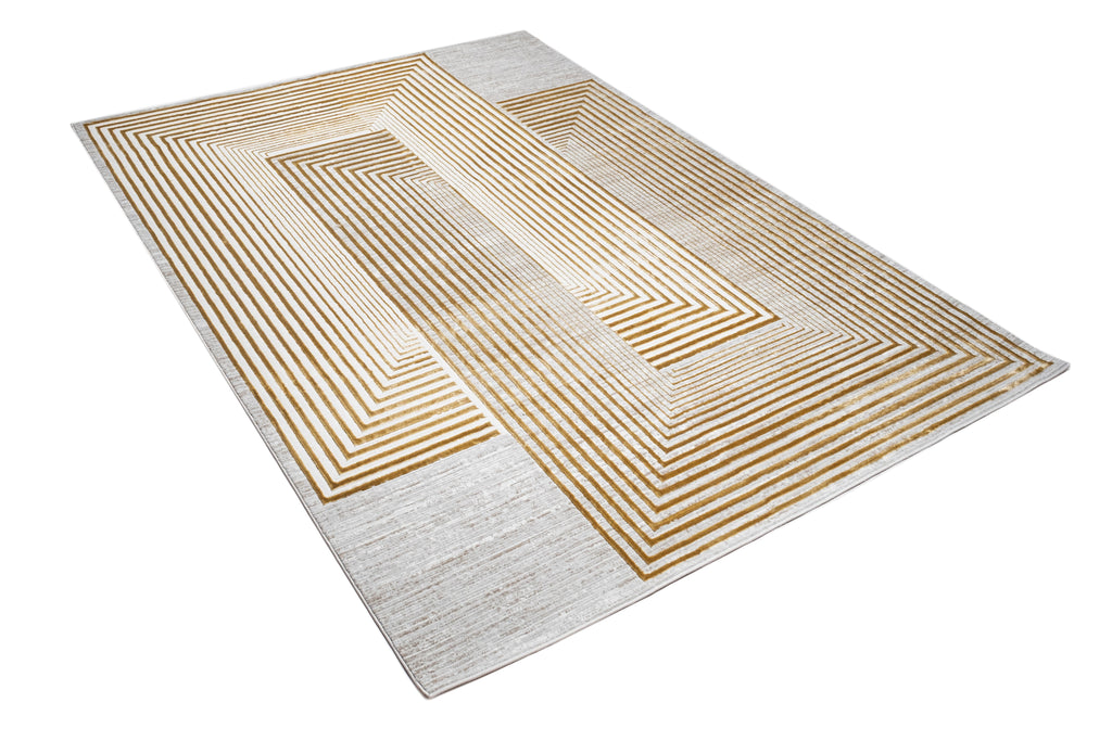 Abstract Crème Beige Rug with Gold Bronze Geometrical Double Stacked Square High-Low Design - METZ 4207.
