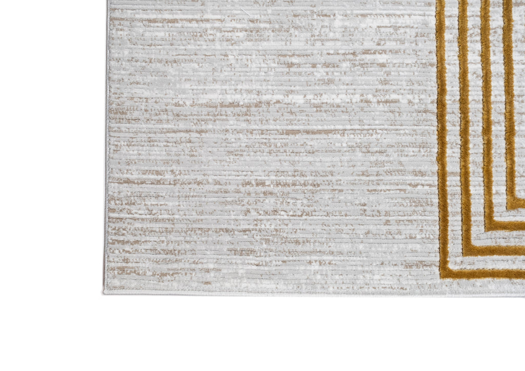 Abstract Crème Beige Rug with Gold Bronze Geometrical Double Stacked Square High-Low Design - METZ 4207.
