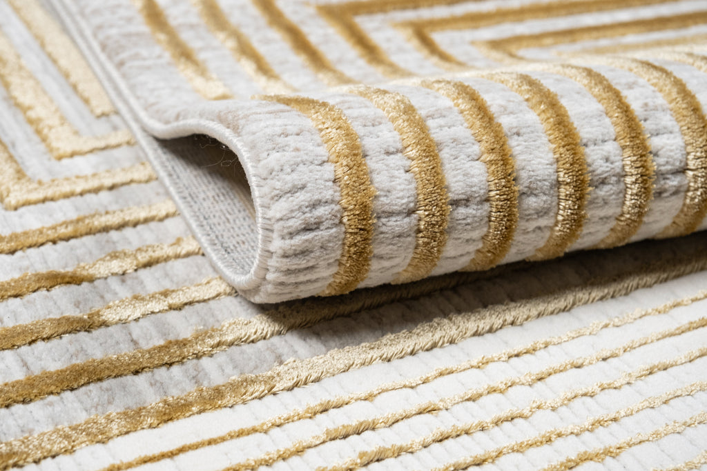 Abstract Crème Beige Rug with Gold Bronze Geometrical Double Stacked Square High-Low Design - METZ 4207.