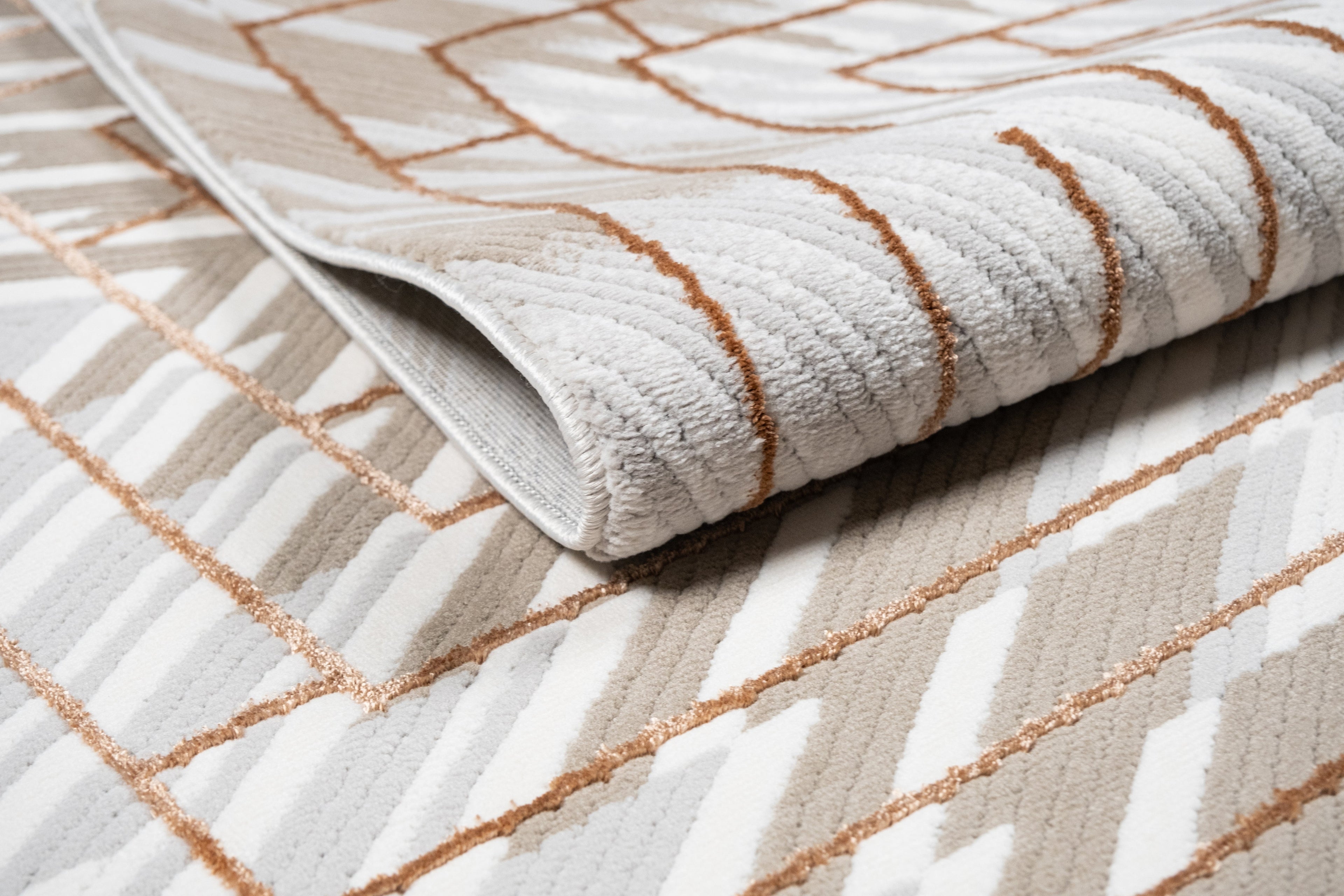 Crème Rug with Mocha & Taupe Abstract and Brick Tone-on-Tone Geometric High-Low Design - METZ 4208.