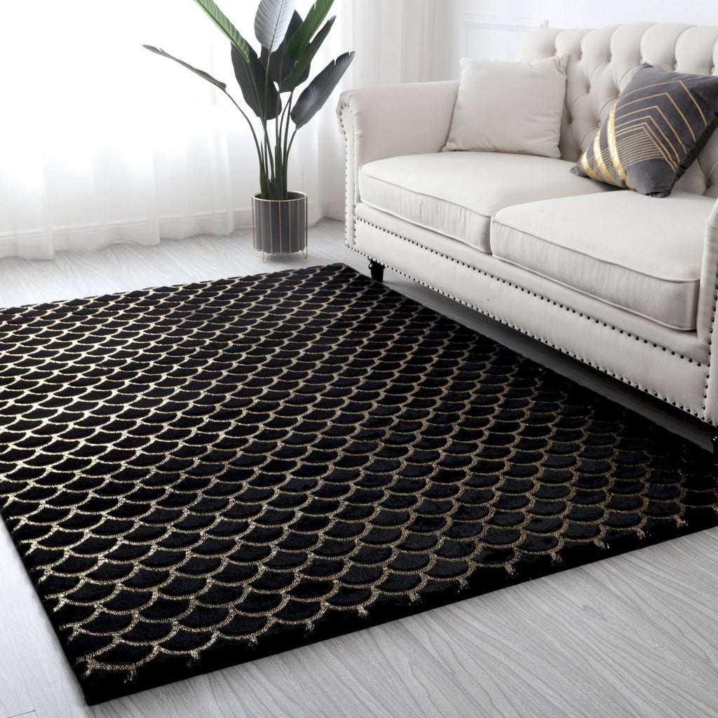 Golden Black and White Shimmery Soft Cozy Fuzzy Faux Fur Area Rug/Carpet