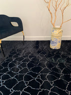 Black Marble Design Faux Fur Metallic Silver Shimmery Rug / Carpet