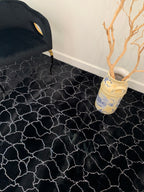 Black Marble Design Faux Fur Metallic Silver Shimmery Rug / Carpet