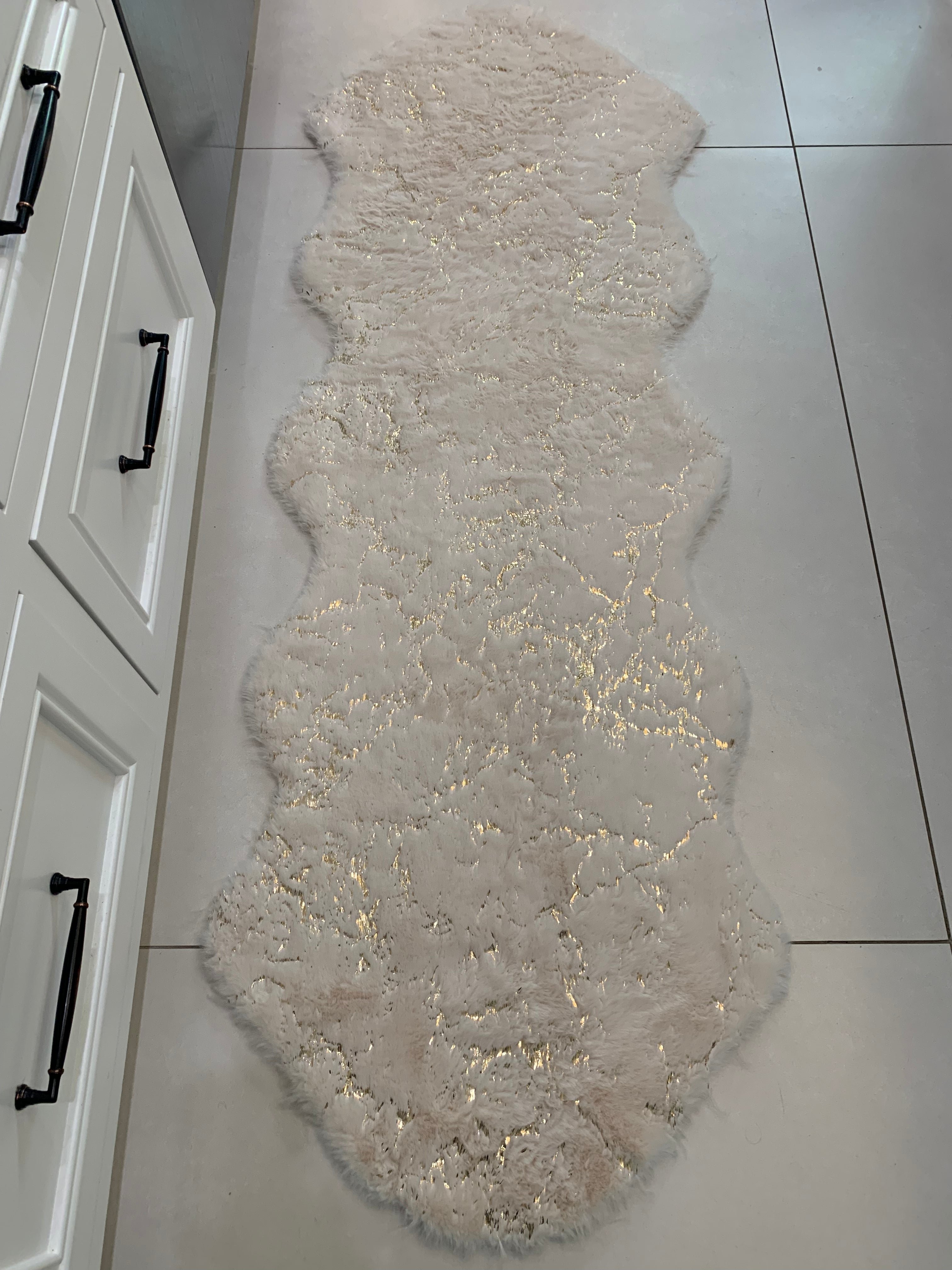 White Faux Fur Runner With Metallic Golden Design