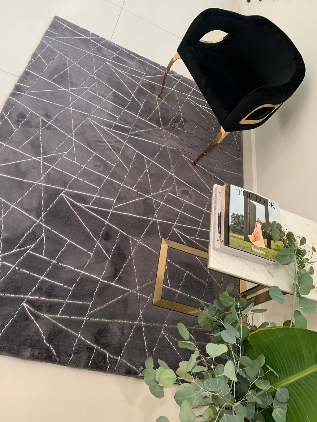 Charcoal Gray Faux Fur Rug With Metallic Silver Lines Rug/Carpet