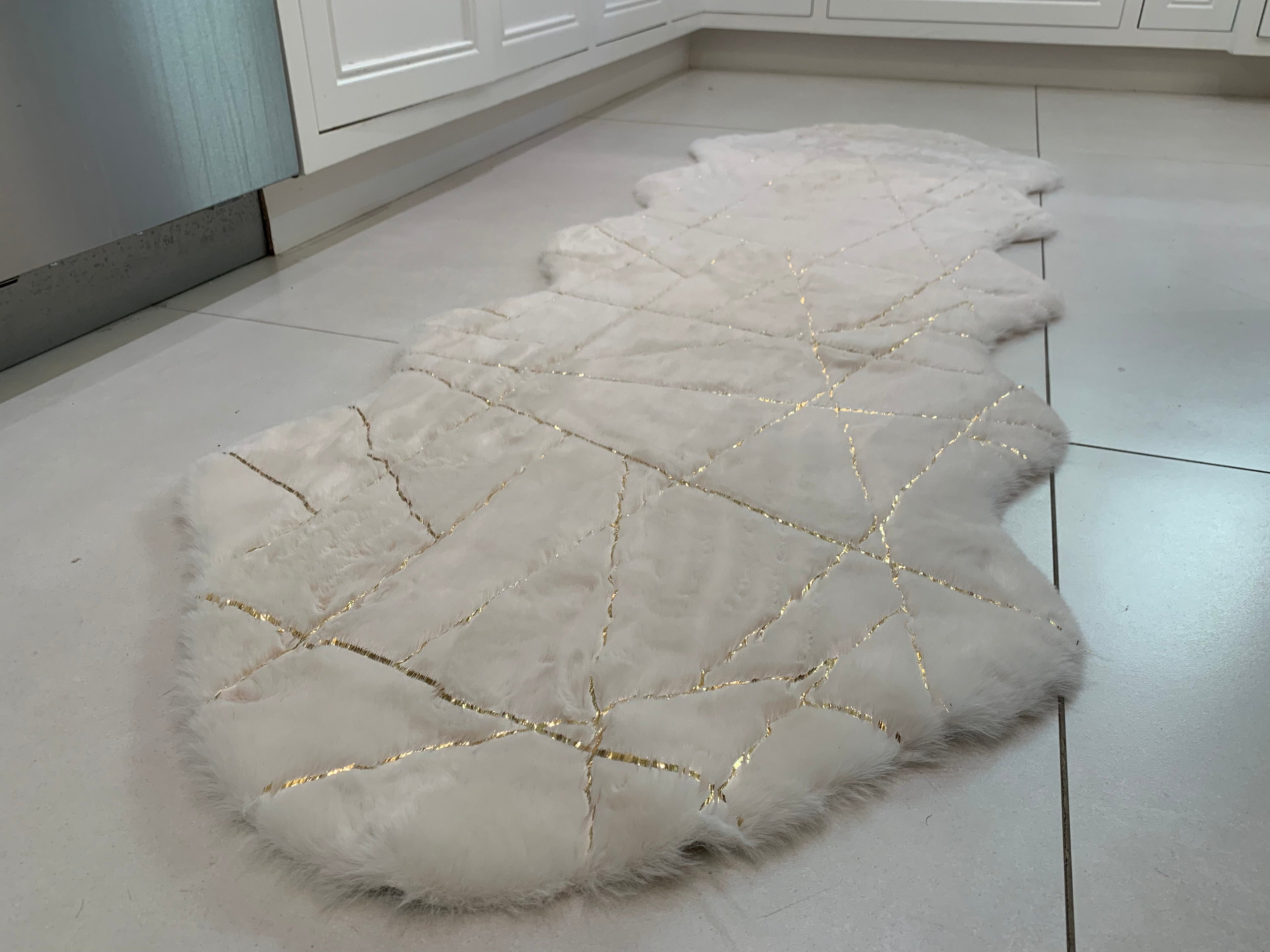 White Faux Fur Runner With Metallic Golden lines Design