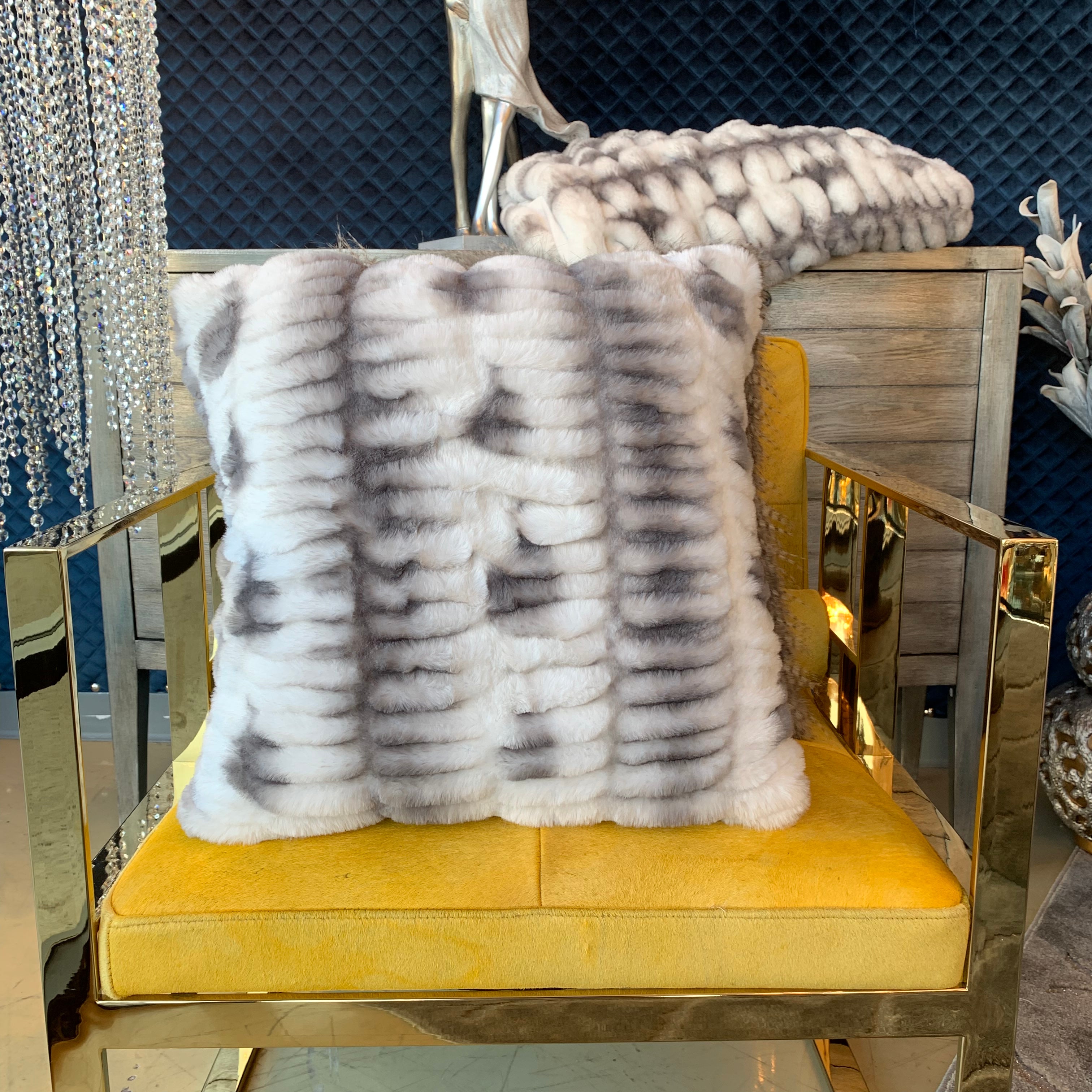 Fluffy Faux Fur Braided Look Soft Gray White Throw Pillow/Positioner