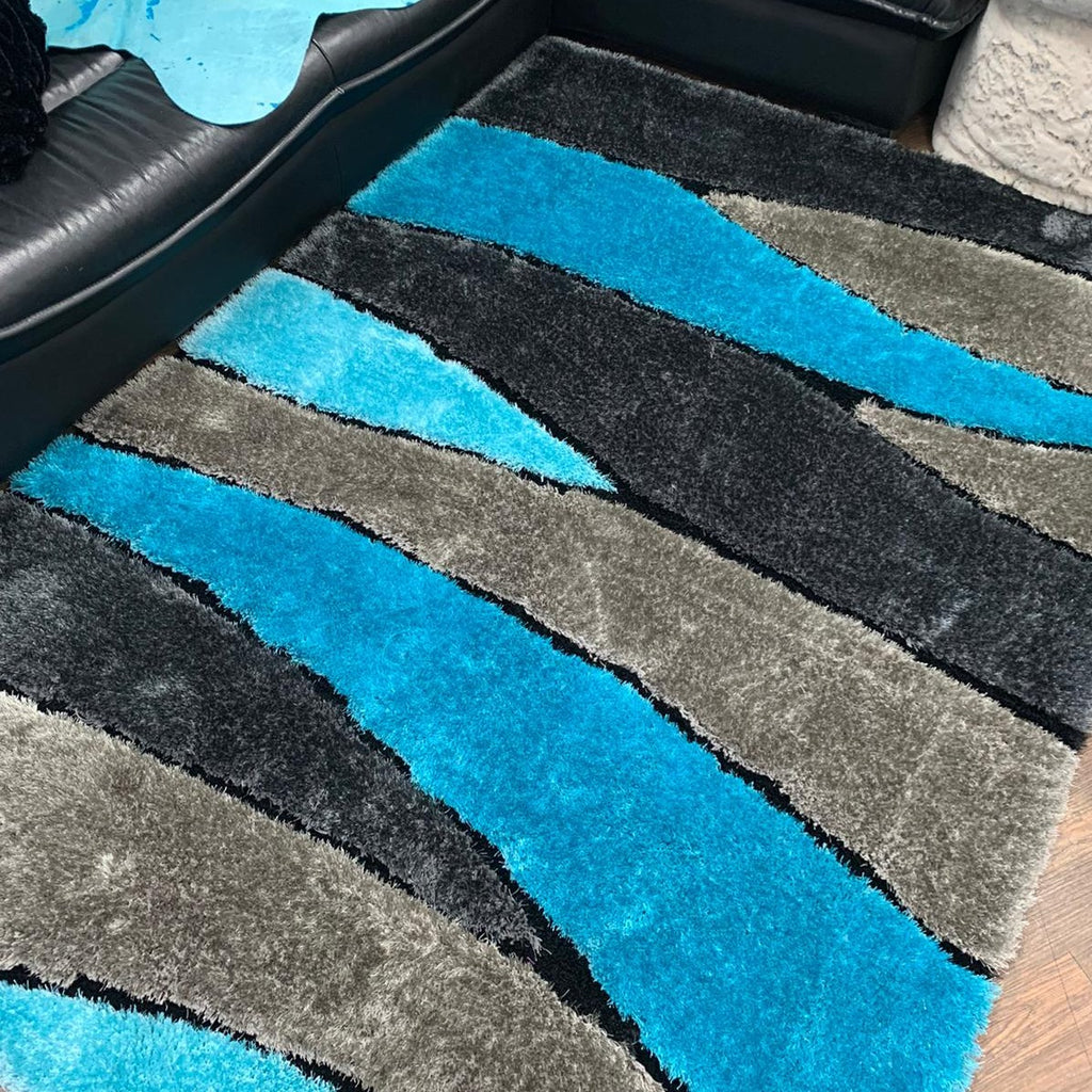 Living Shag Waves Soft Plush Design 3D Effect Area Rug/ Carpet Aqua Blue 