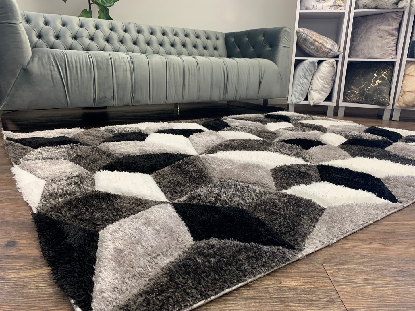 Silver Black White Shag Area Rug/Carpet | Style# SR-729 - Crafted from 100% Polyester, Plush Fluffy Shine 3D Geometric Design