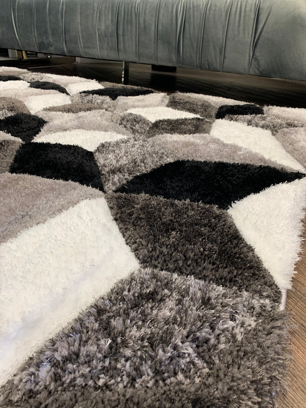 Silver Black White Shag Area Rug/Carpet | Style# SR-729 - Crafted from 100% Polyester, Plush Fluffy Shine 3D Geometric Design