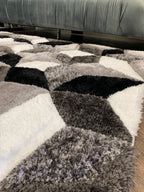 Silver Black White Shag Area Rug/Carpet | Style# SR-729 - Crafted from 100% Polyester, Plush Fluffy Shine 3D Geometric Design