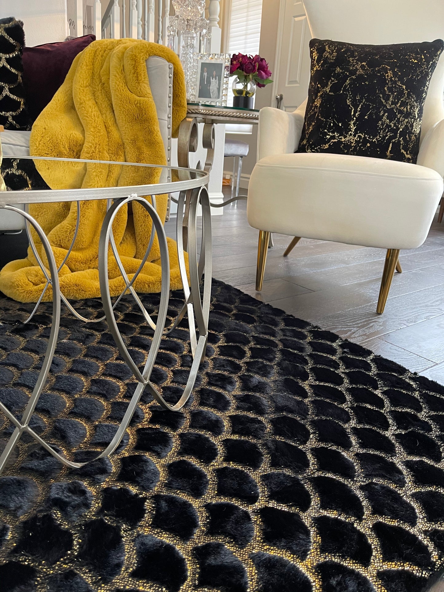 Black Faux With Gold Shimmery Metallic Rug