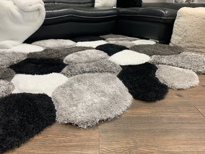 Silver Black White Shag Area Rug/Carpet | Style# SR-732 - Crafted from 100% Polyester, Plush Fluffy Shine 3D Stone Design