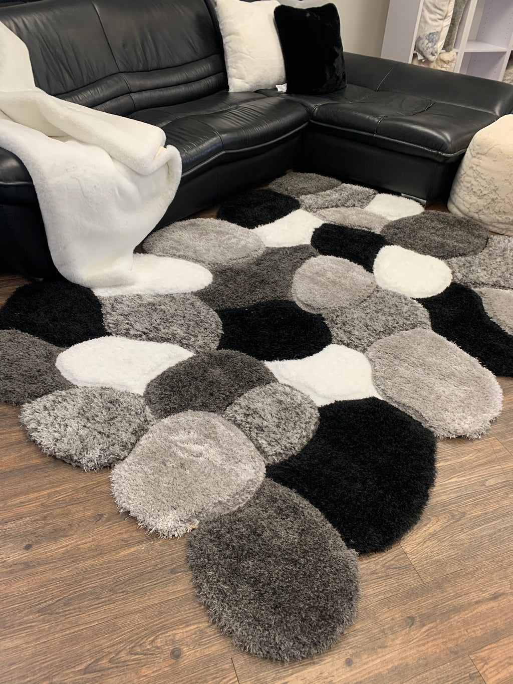 Silver Black White Shag Area Rug/Carpet | Style# SR-732 - Crafted from 100% Polyester, Plush Fluffy Shine 3D Stone Design