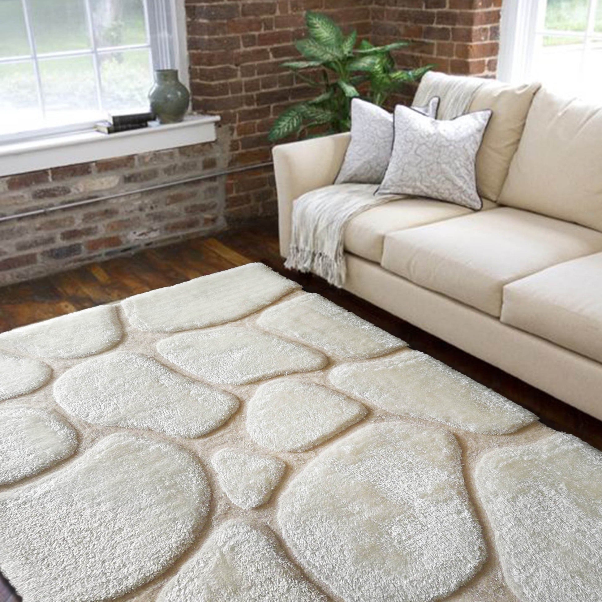 Soft Cozy Rock 3D Design Shag Area Rug/Carpet White