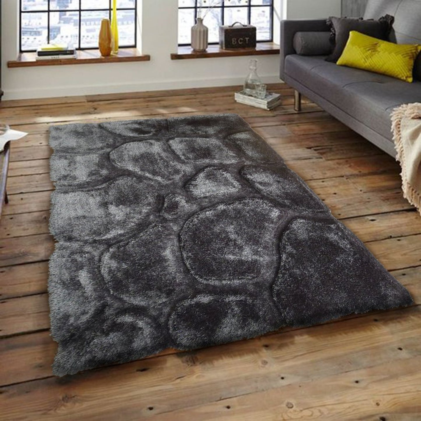 Soft Cozy Rock 3D Design Shag Area Rug/Carpet Gray