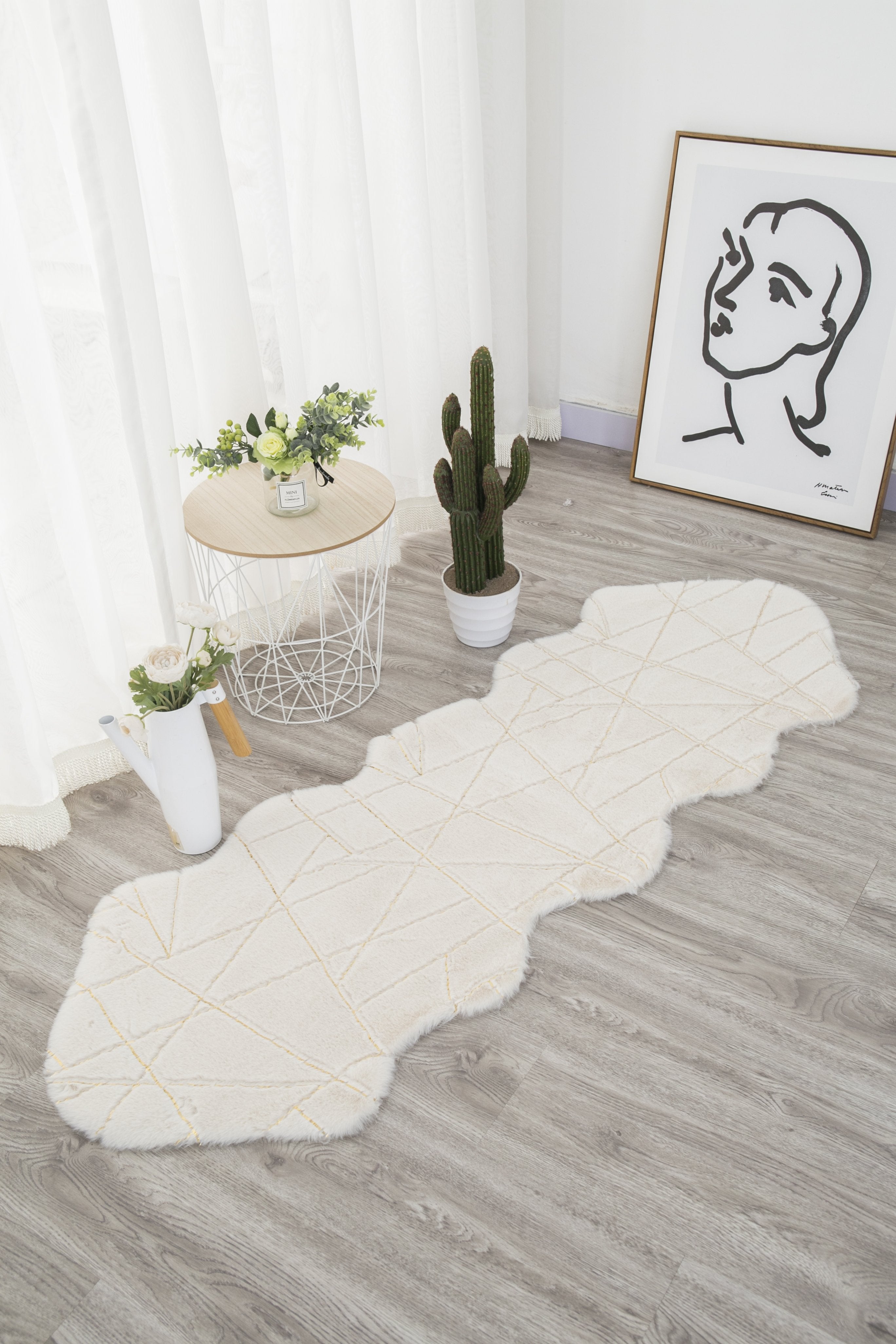 White Faux Fur Runner With Metallic Golden Design