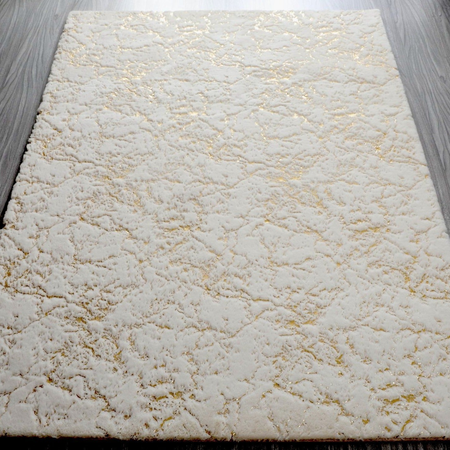 White with Golden Metallic Shimmery Design Faux Rabbit Touch Rug