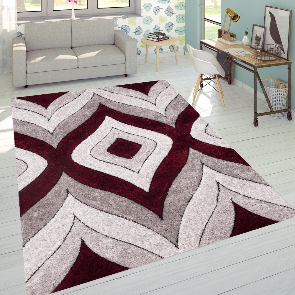 Plush Fluffy Shine 3D Geometric Dimond Shag Area Rug/Carpet Gray Silver Red