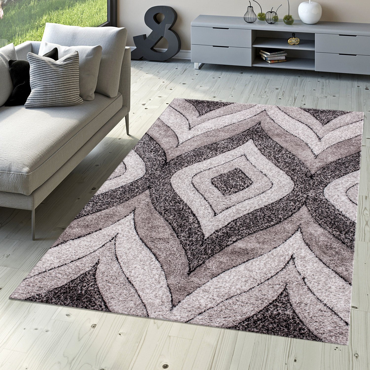Plush Fluffy Shine 3D Geometric Dimond Shag Area Rug/Carpet Gray Silver