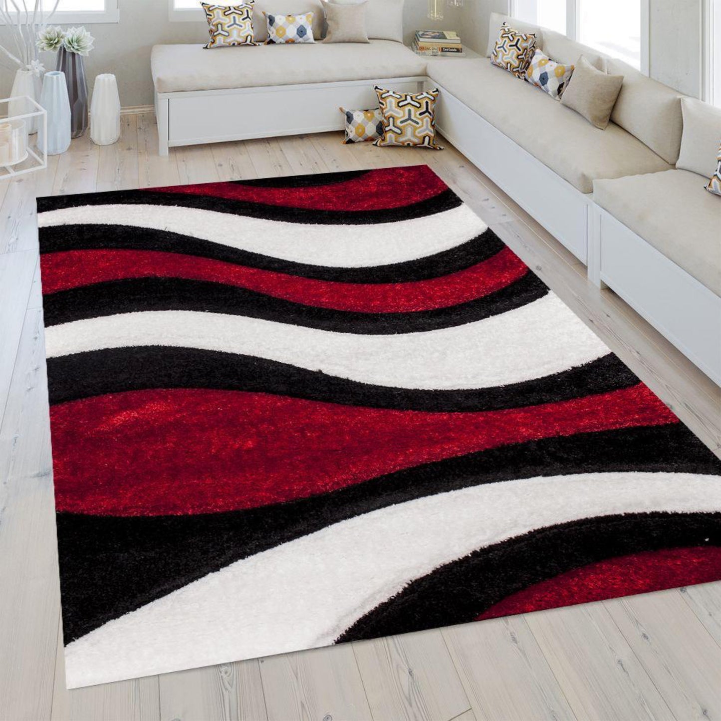 Plush Fluffy Shine 3D Wave Red White Black Shag Area Rug/Carpet