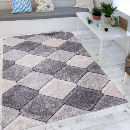 Plush Fluffy Shine 3D Dimond Silver/Gray Design Shag Area Rug/Carpet