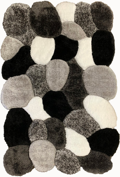 Silver Black White Shag Area Rug/Carpet | Style# SR-732 - Crafted from 100% Polyester, Plush Fluffy Shine 3D Stone Design