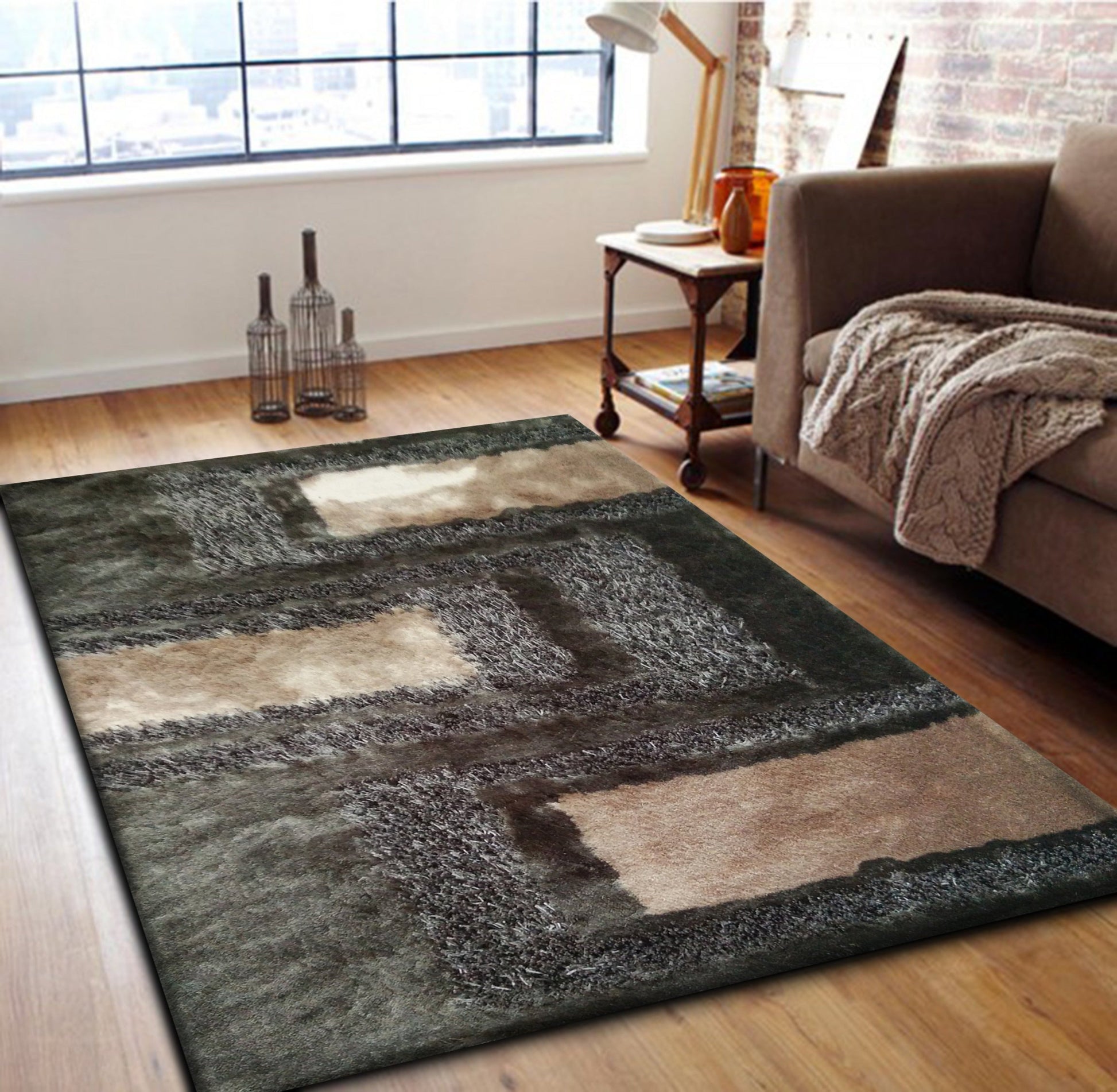Soft Plush Fluffy Multi-textural Design Earth Tone Shag Area Rug/Carpet