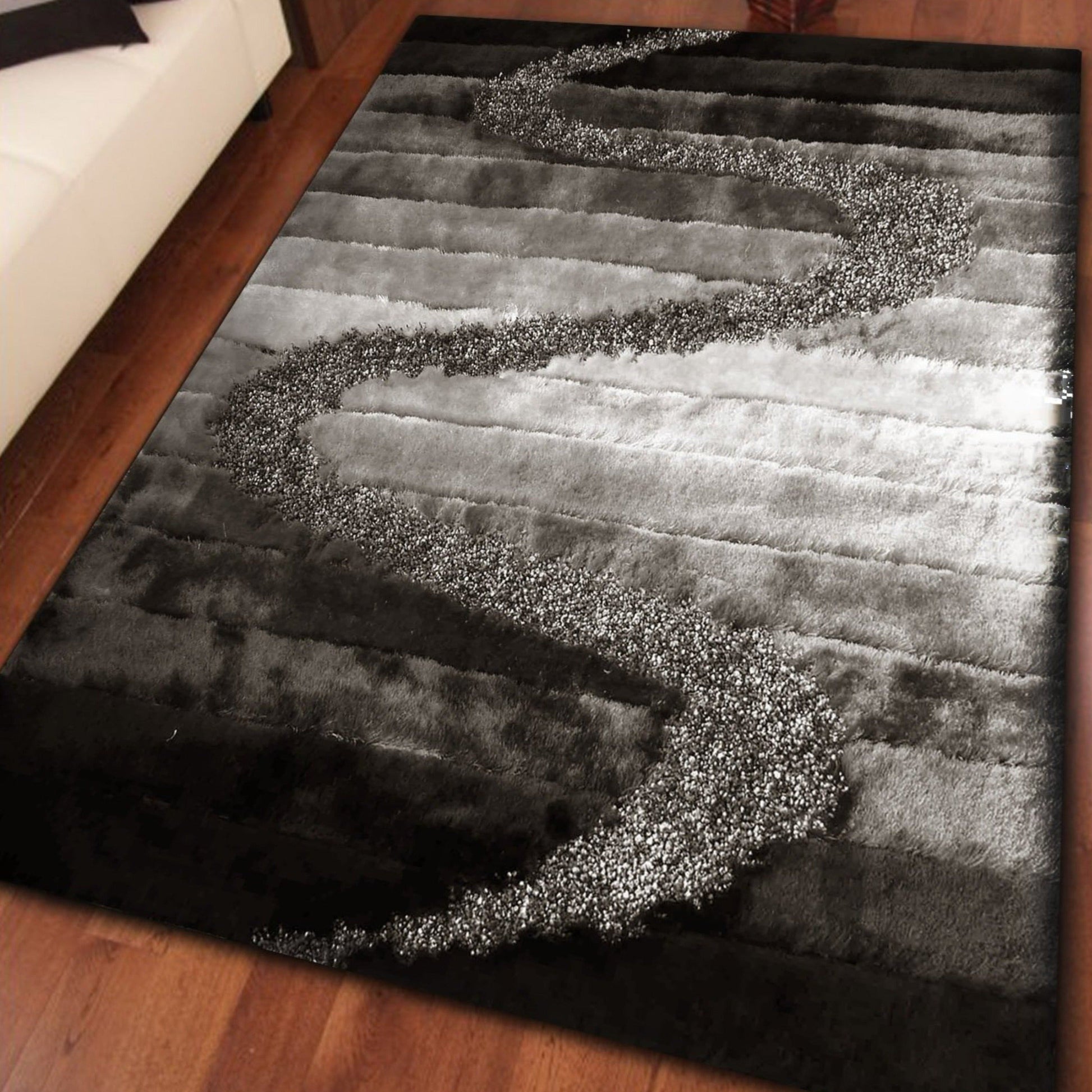 Soft Plush Fluffy Multi-textural Design Silver Gray Black Shag Area Rug/Carpet