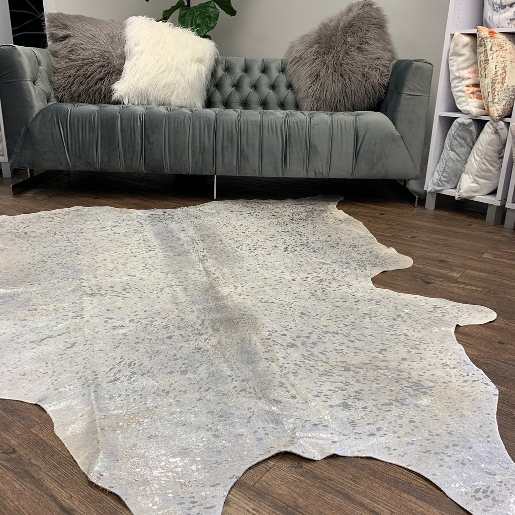 Real Leather Cowhide Silver Metallic On White