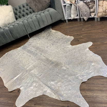 Real Leather Cowhide Silver Metallic On White