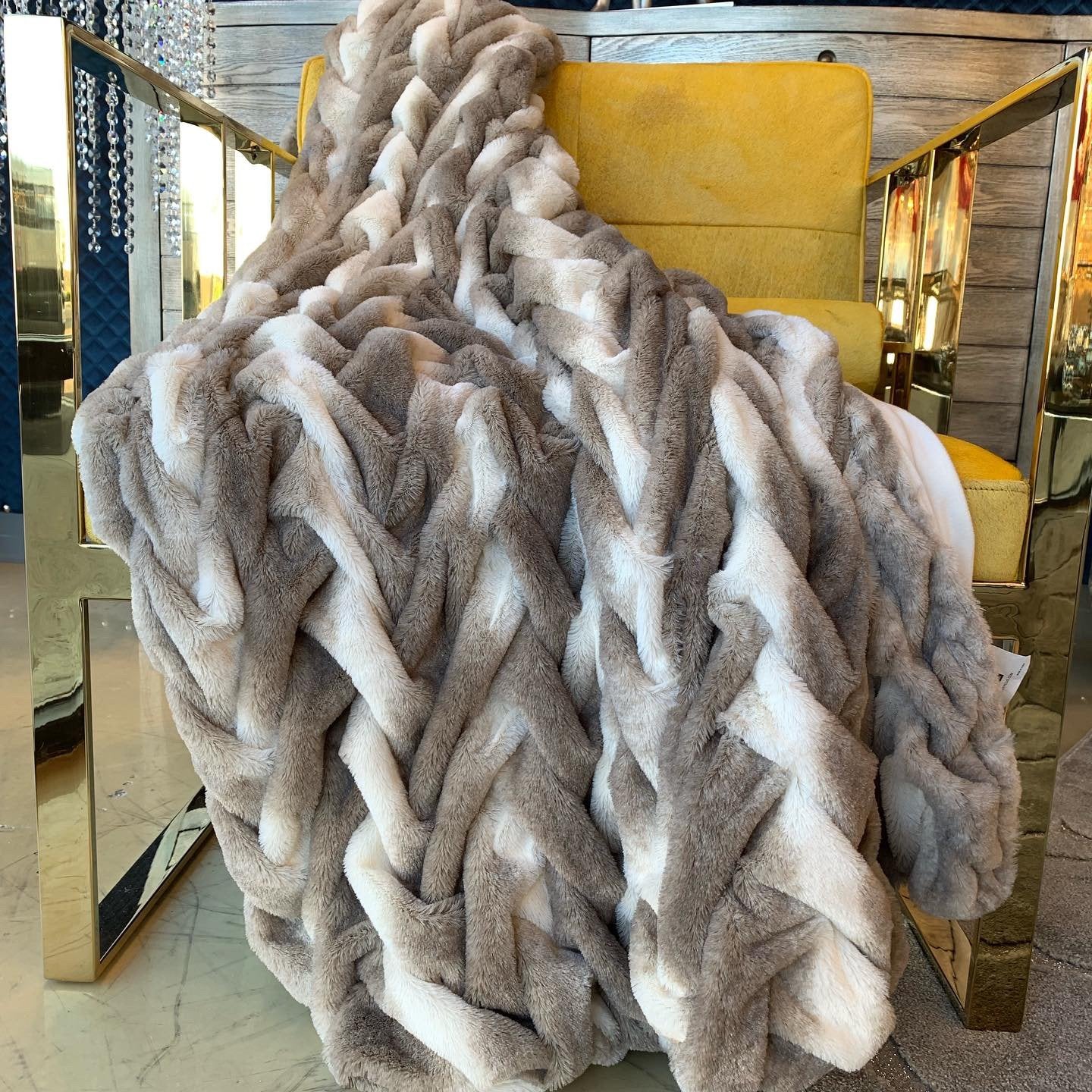 Braided Black and White & Mocha Soft Cozy Faux Fur Blanket/ Quilt/ Throw/ Bedcover/ Coverlet 50 X 60