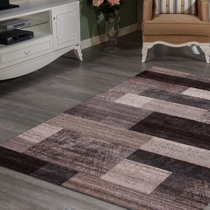 Orthogonal Geometric Design Mocha Brown Area Rug/ Carpet 