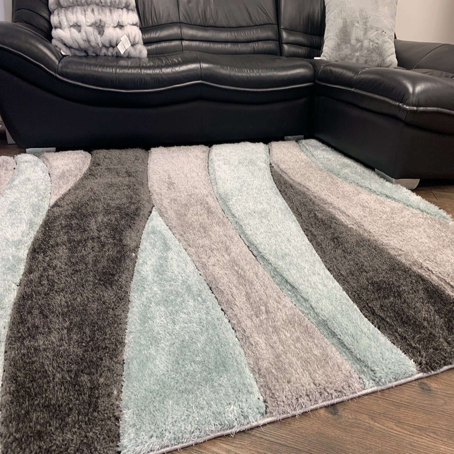Plush Fluffy Shine 3D Wave Aqua Gray Silver Shag Area Rug/Carpet