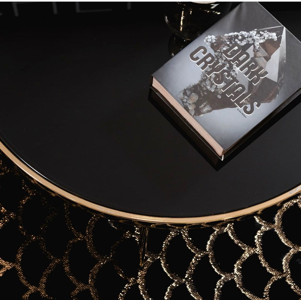 Enchanting Black Mermaid Half Moon Rug with Shimmery Golden Metallic Faux Fur Chinchilla Touch