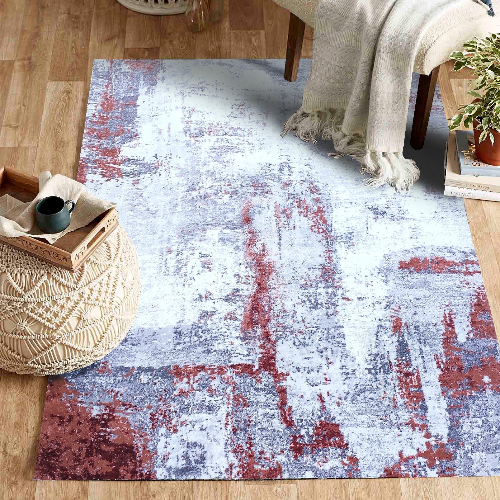 Maroon Red Silver Multicolor Abstract Soft Fluffy Cozy Comfortable Print Design Area Rug/ Carpet