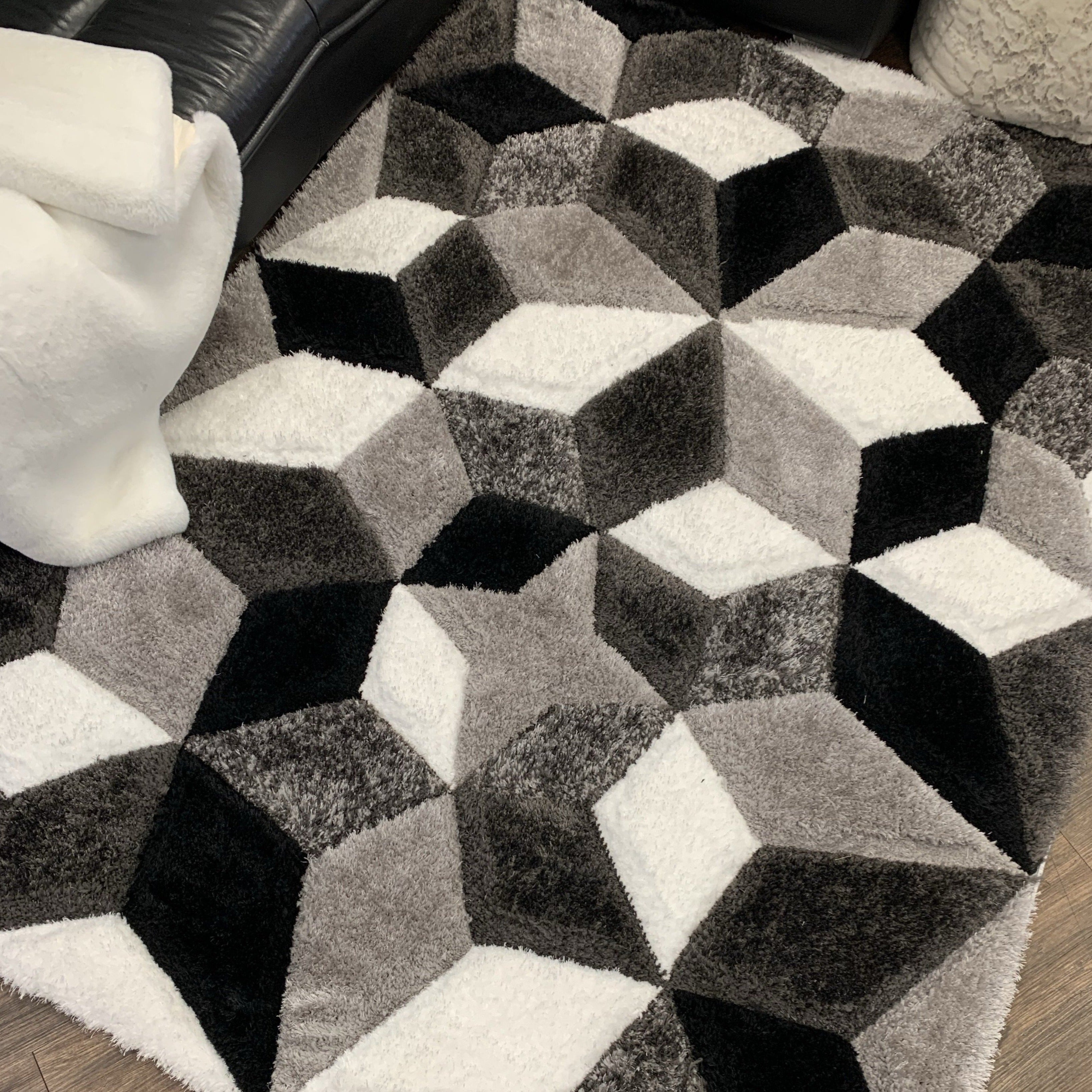 Plush Fluffy Shine 3D Geometric Silver Black White Shag Area Rug/Carpet