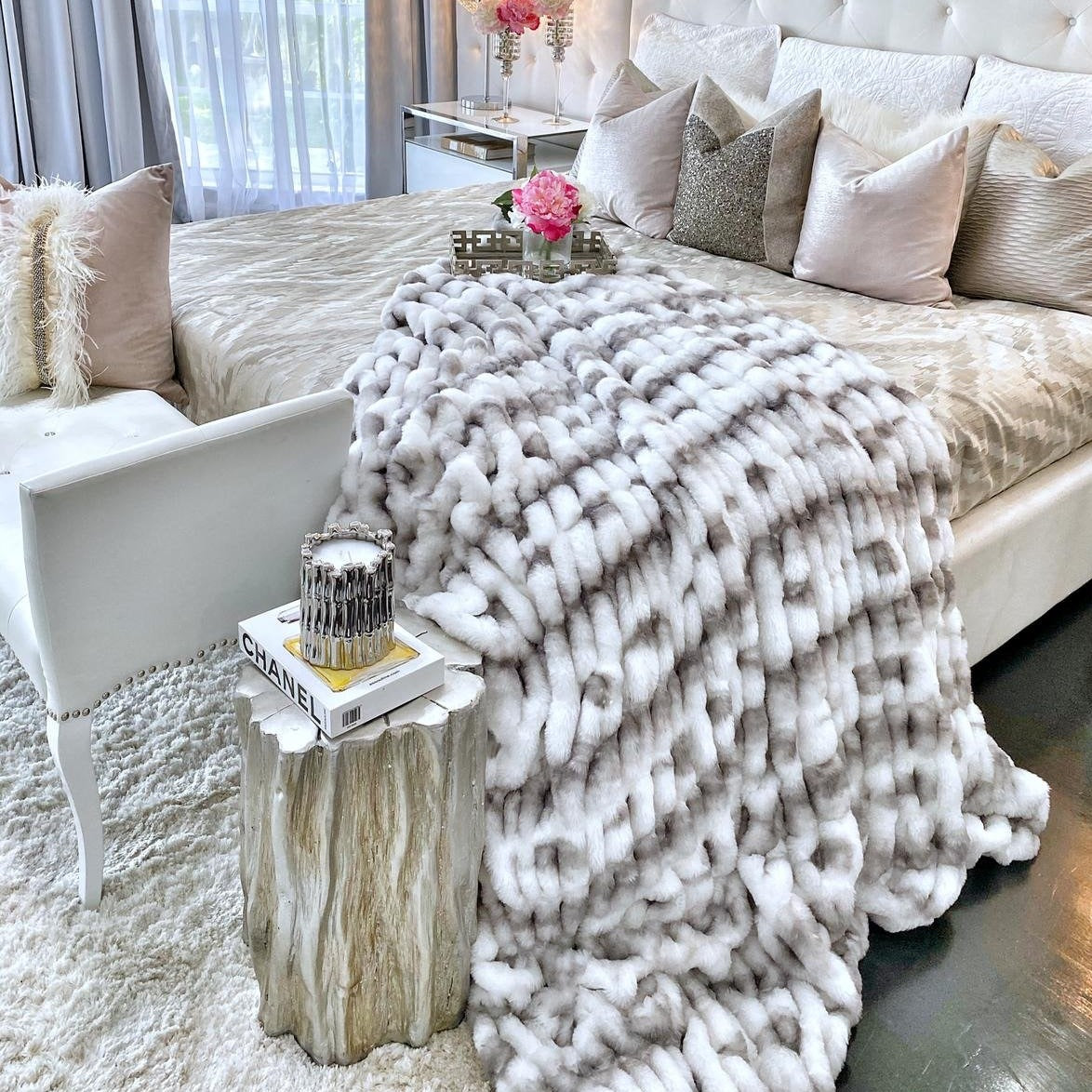 Braided Look Fluffy Soft Faux Fur Gray White Throw/Quilt/Blanket/ Coverlet/Bedspread/Bedcover