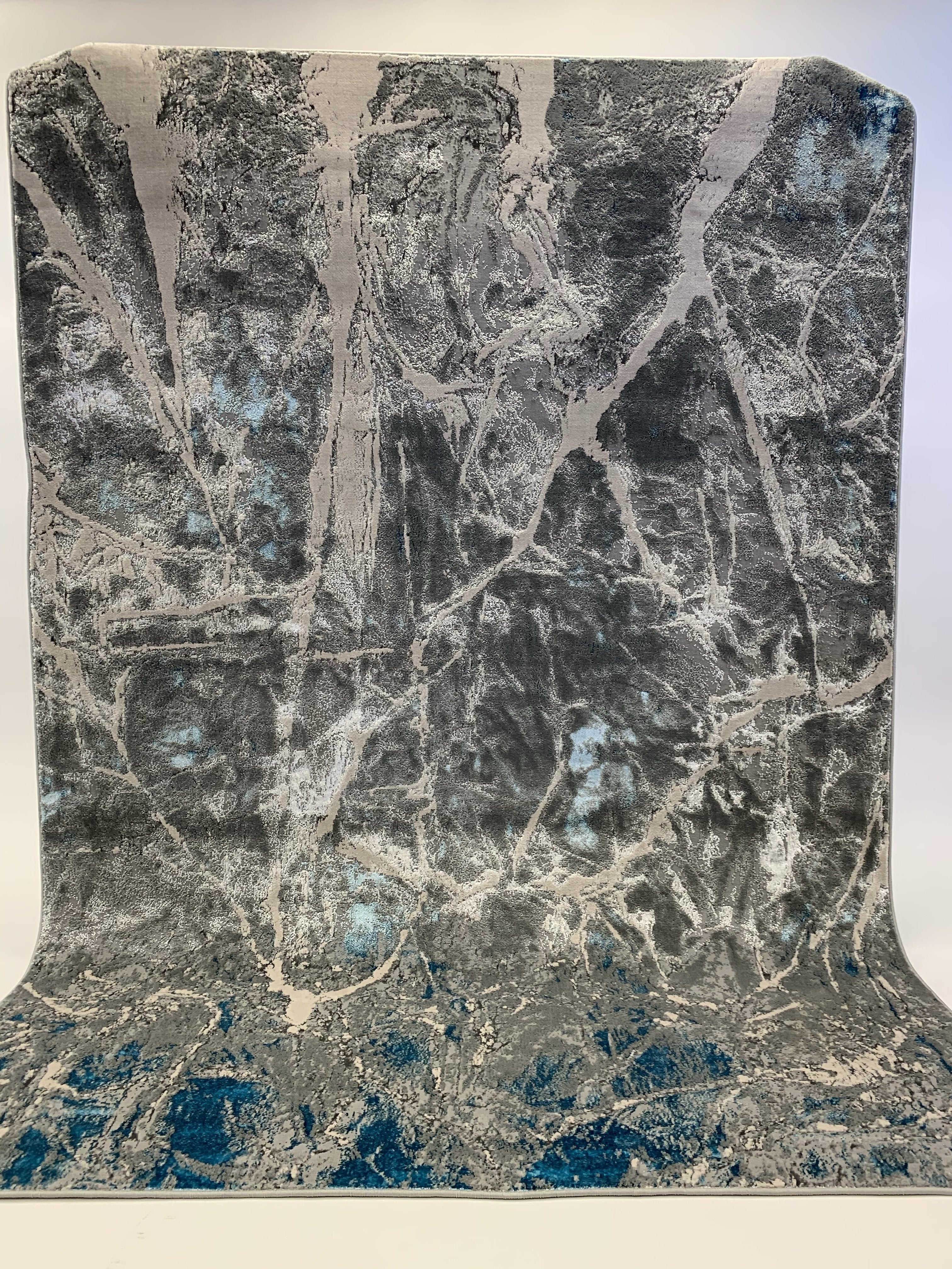 Abstract Blue/ Platinum Metallic Area Rug