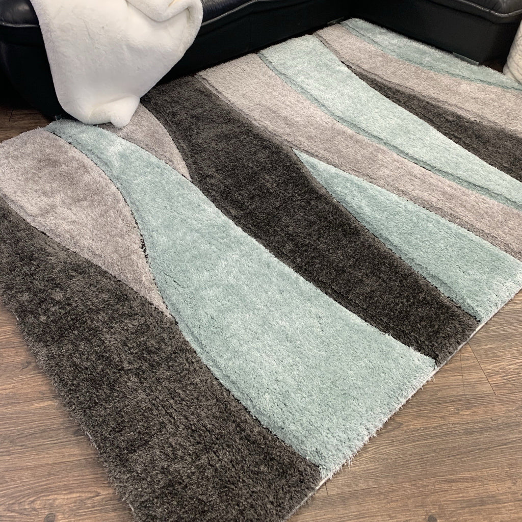 Plush Fluffy Shine 3D Wave Aqua Gray Silver Shag Area Rug/Carpet