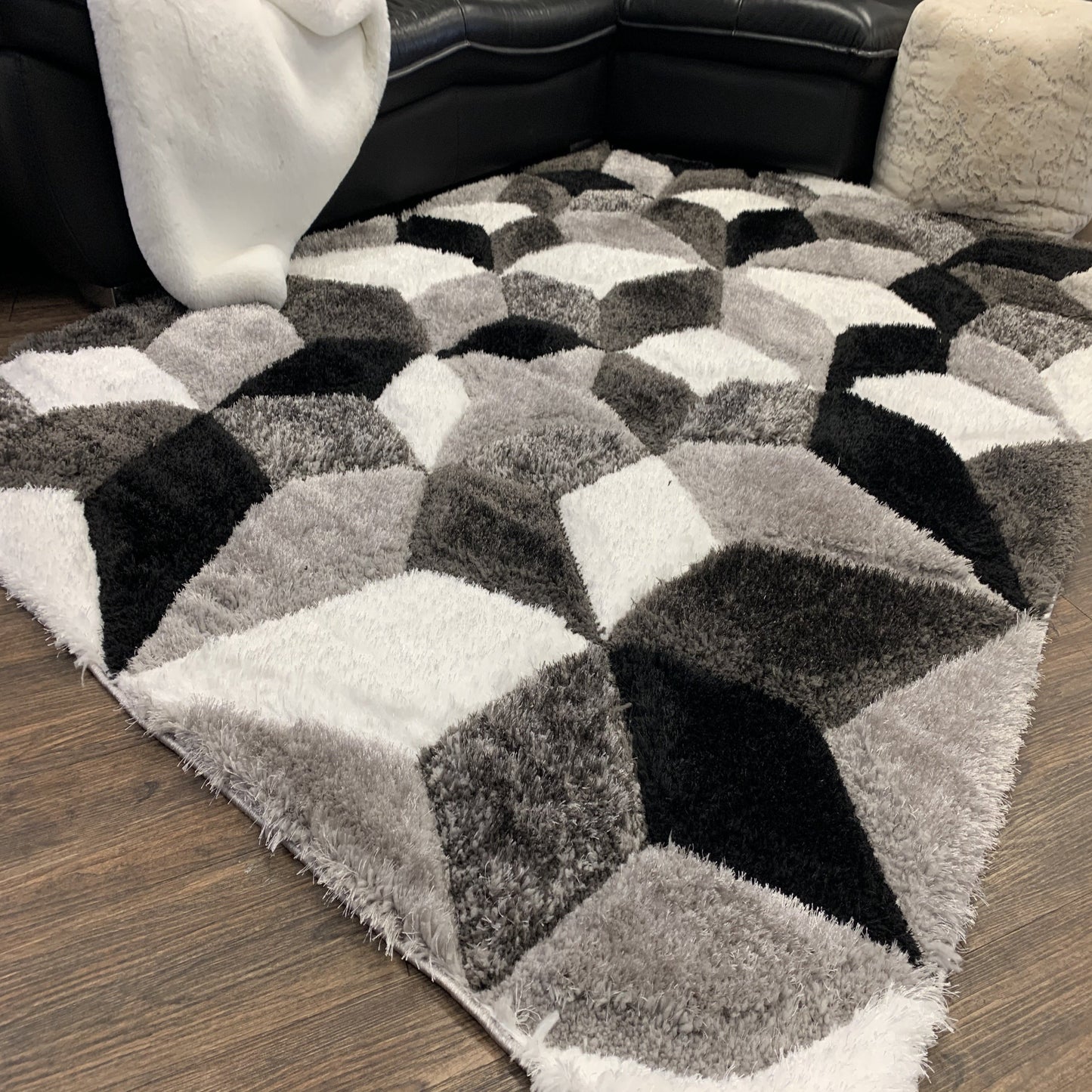 Plush Fluffy Shine 3D Geometric Silver Black White Shag Area Rug/Carpet