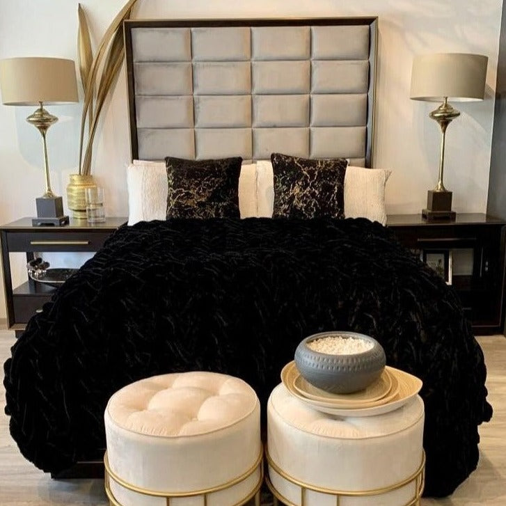 Braided Fluffy Faux Fur Chinchilla Black Bed Cover/ Coverlet/ Bed Spread/ Blanket/ Comforter/ King Cal Size - Queen Size