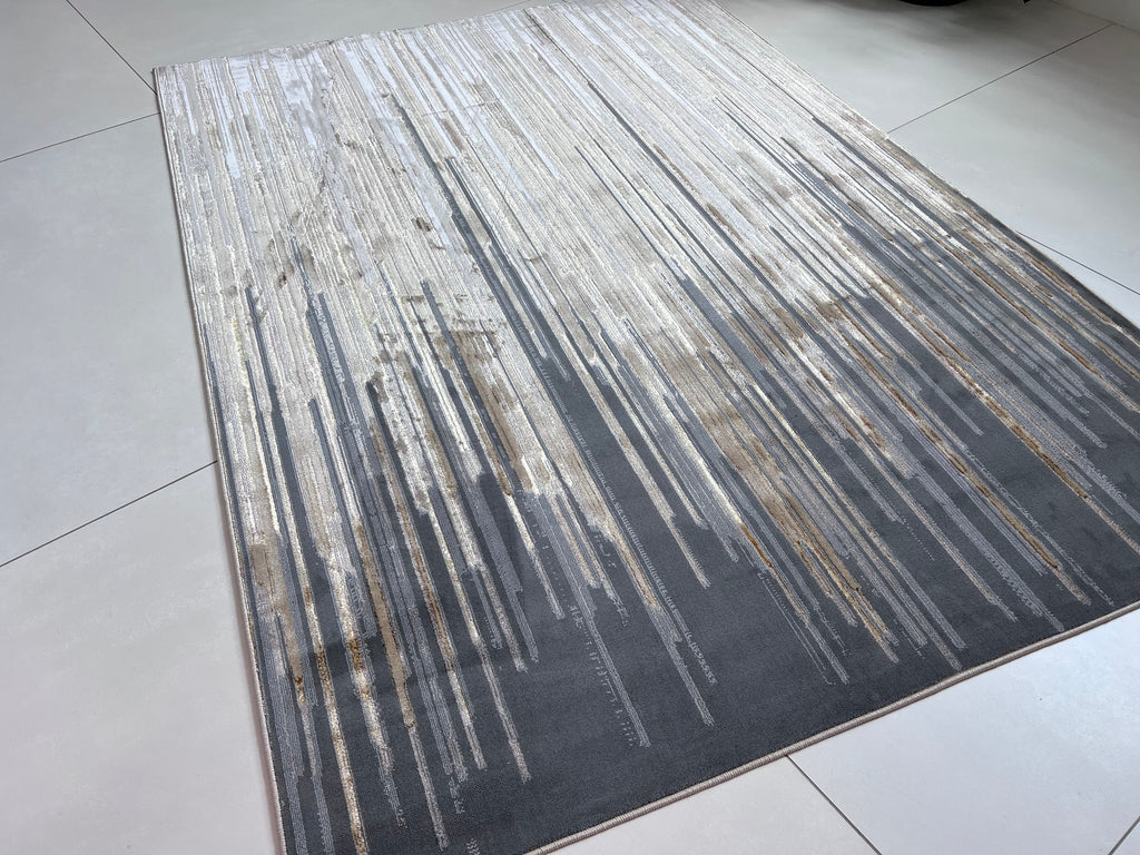 Polyester Silver with Gold Viscose Blend Geometric Design Rug/Carpet - Style# Maximus 241 - Color-Changing Flat Weave Rug