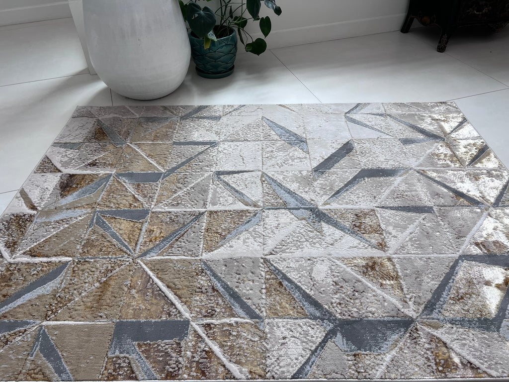 Polyester Silver with Gold Viscose Blend Geometric Design Rug/Carpet - Style# Maximus 242 - Color-Changing Flat Weave Rug