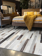 Geometric Striped Cowhide Patchwork Rug – Silver Cream Base with Earth-Tone Browns & Chrome Accents - Patchwork PCH223