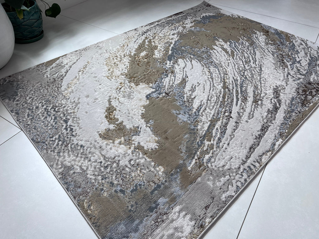 Polyester Silver with Gold Viscose Blend Swirl Design Rug/Carpet - Style# Maximus 240 - Color-Changing Flat Weave Rug