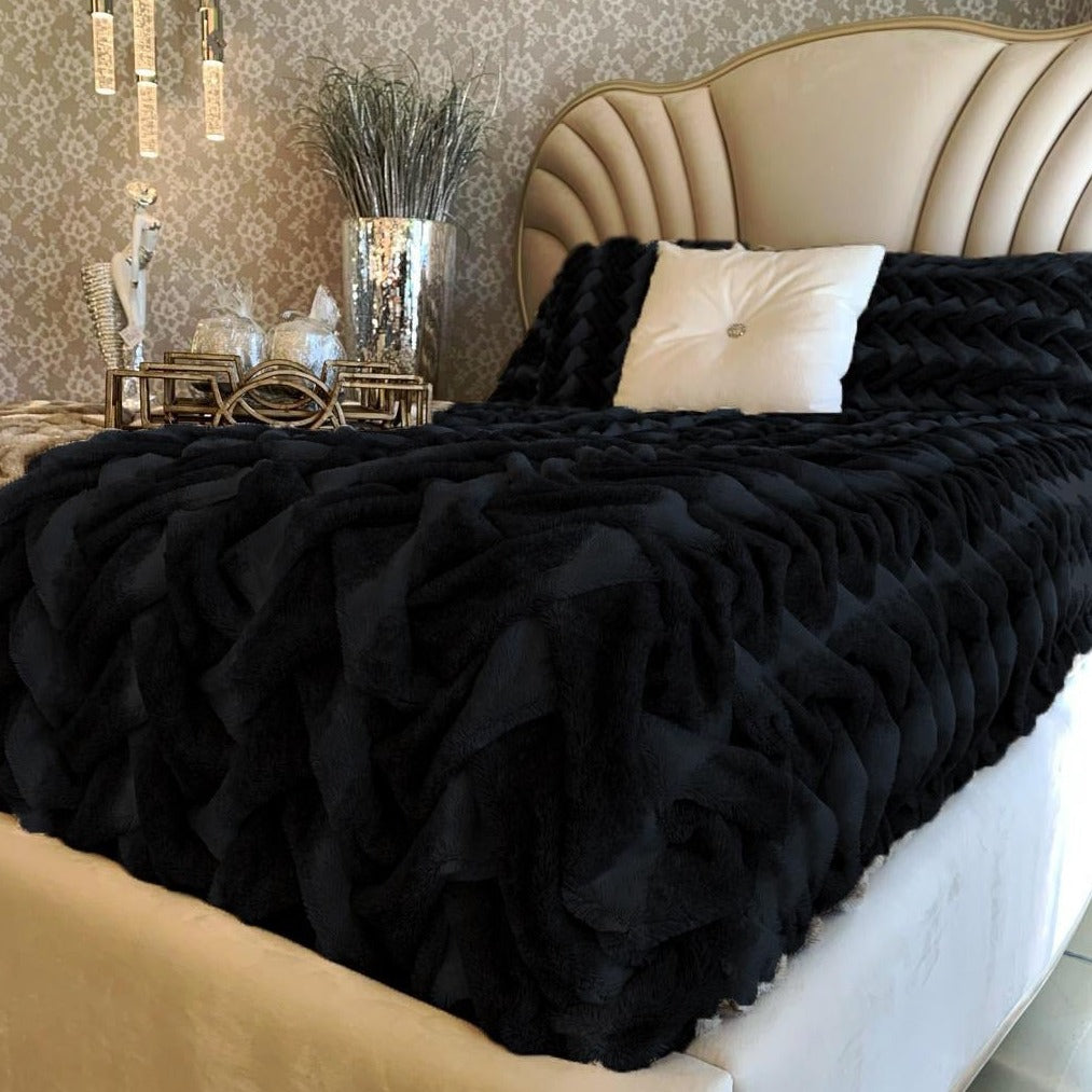 Braided Fluffy Faux Fur Chinchilla Black Bed Cover Coverlet