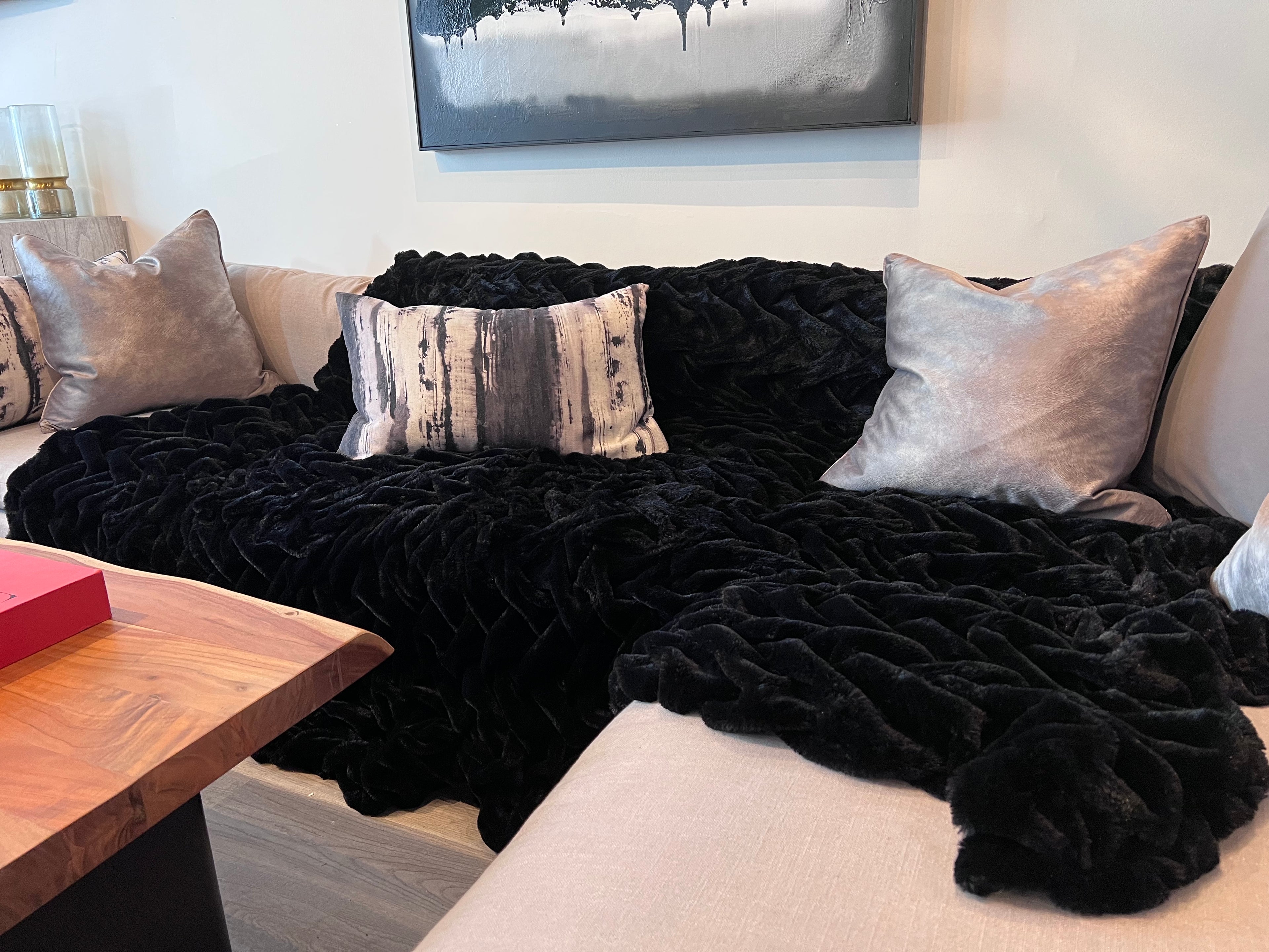 Braided Fluffy Faux Fur Chinchilla Black Bed Cover/ Coverlet/ Blanket/ Comforter/ King Cal Size - Queen Size